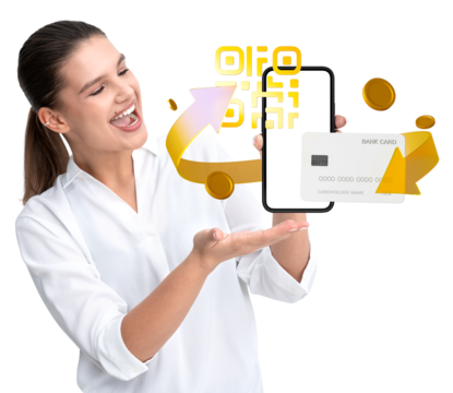 Woman showing smartphone and credit card with a golden arrow and coins. White backdrop, concept of online shopping or mobile banking