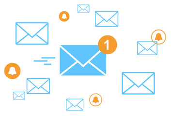 Blue envelope icons with orange notification alerts on a clean white background. Concept of new email notifications and communication