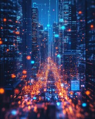 Obraz premium Futuristic Cityscape with Holographic Data Projections and Neon Lighting