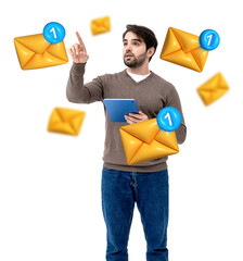 A man holding a tablet interacts with floating email icons on a white background, representing...