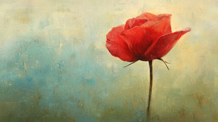 bright red rose stands elegantly against soft, blurred background