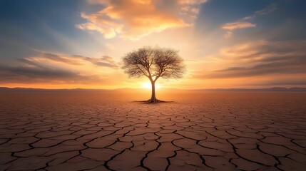 A solitary tree stands against a vibrant sunset, surrounded by cracked earth, symbolizing resilience in a drought-stricken landscape.