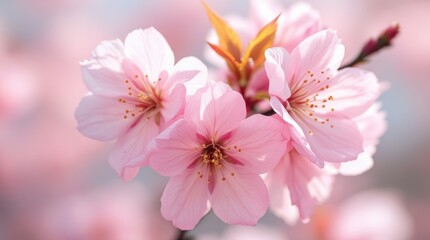 Fototapeta premium Close-Up of Soft Pink Cherry Blossoms in Full Bloom with Blurred Background
