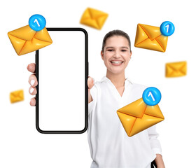 Smiling woman presenting smartphone with blank screen, surrounded by floating email icons with...