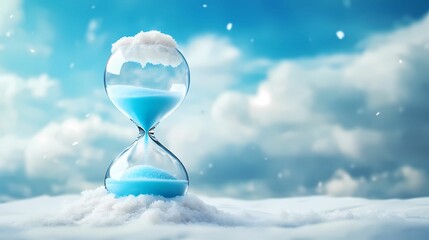 A serene hourglass filled with blue sand sits atop fluffy clouds under a clear sky, symbolizing the passage of time and tranquility.