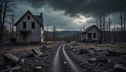 Abandoned houses on deserted road against dark stormy sky