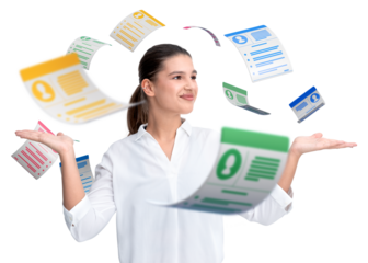 Woman smiling while juggling colorful resumes in the air, isolated on a white background. Concept of HR, job search, and recruitment process