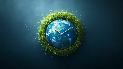 A vibrant globe wrapped in green foliage, symbolizing the connection between time and nature's sustainability.