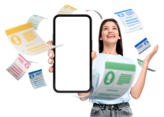 Woman holding smartphone with empty screen, surrounded by colorful resumes in motion, isolated on a white background. Concept of job search apps