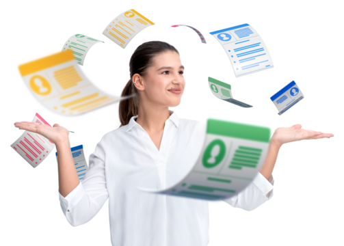 Woman smiling while juggling colorful resumes in the air, isolated on a white background. Concept of HR, job search, and recruitment process