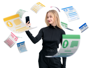 Young woman holding phone with resumes floating around, isolated on white background. Concept of job search, HR recruitment, and resume review