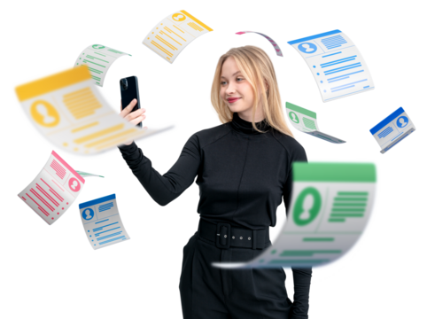 Young woman holding phone with resumes floating around, isolated on white background. Concept of job search, HR recruitment, and resume review - Powered by Adobe