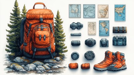 Orange backpack with hiking boots and travel gear.