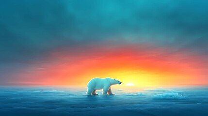 A polar bear stands alone in a tranquil ocean at sunset, surrounded by vibrant hues of orange and blue, embodying the beauty and solitude of nature.