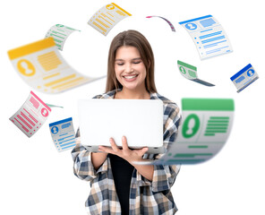 Smiling woman holding a laptop, surrounded by colorful floating resumes, isolated on a white...