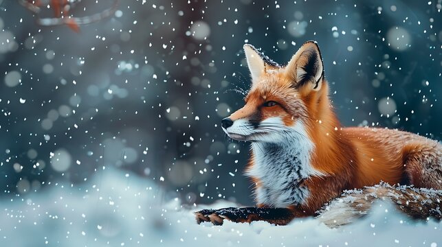 A gorgeous red fox rests against a snowy backdrop while snow falls