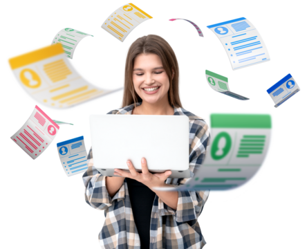 Smiling woman holding a laptop, surrounded by colorful floating resumes, isolated on a white background. Concept of job search and recruitment
