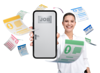 Smiling woman shows smartphone with job door mockup and resumes flying around. Isolated on white background, concept of HR and job search
