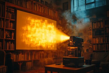 Retro Film Screening Ambiance in Cozy Living Room with Vintage Projector