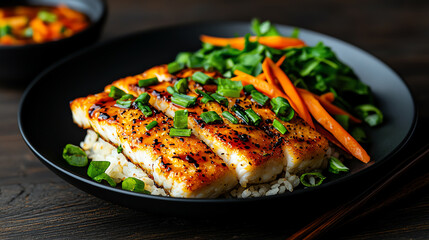 Steamed codfish with light gingersoy sauce and fresh scallions, delicate cuisine, tailored for recovery diets