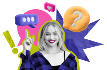 Smiling young woman in casual outfit pointing upwards, surrounded by vibrant chat icons and speech bubbles, on a white background. Concept of communication