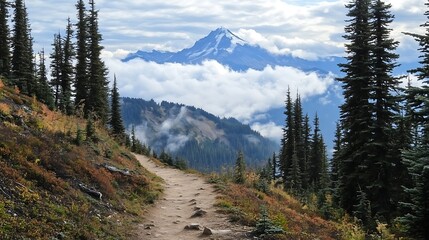 Mountain trail, autumn foliage, peak view, clouds, hiking.