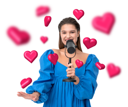 Woman in blue dress holding a microphone, surrounded by pink hearts floating on a white background. Concept of love, expression, and creativity