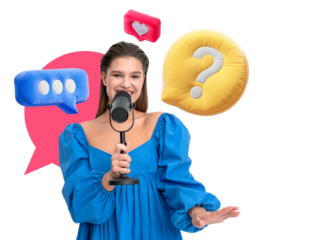 Woman in blue dress holding microphone, surrounded by colorful chat bubble icons. Isolated on white background. Concept of communication