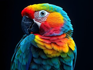 Obraz premium Mesmerizing Neon Parrot with Vibrant Plumage Perched Gracefully on Black Background
