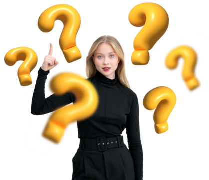 Woman inoutfit pointing upwards with yellow question marks floating around her, isolated on white background. Concept of curiosity and inquiry