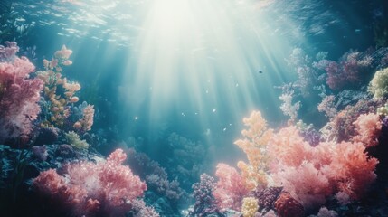 Underwater scene showcasing vibrant coral reefs illuminated by sunlight.