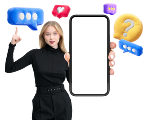 Woman pointing at colorful chat icons, holding a smartphone with a blank screen. Isolated on white background, concept of social media interaction