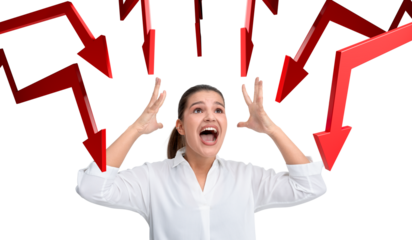 A distressed woman in white shirt reacts as red downward arrows surround her, isolated on a white background. Concept of failure or crisis