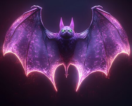 Glowing Neon Bat with Dramatic Purple Wings on Dark Background