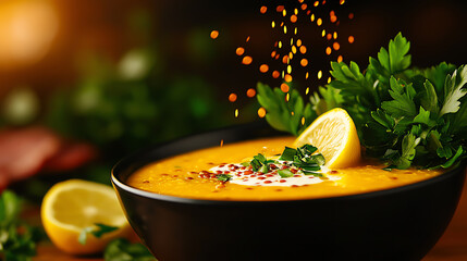 Turkish red lentil soup with a squeeze of lemon, warm and filling traditional dish