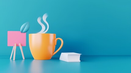 Stress management techniques. A vibrant coffee cup with steam, a pink note, and a book on a blue background.