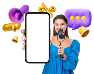 Person in blue holding a smartphone with a blank screen and a microphone, surrounded by colorful icons, on a white background. Concept of online communication