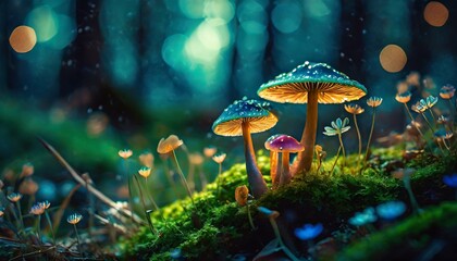 Fototapeta premium Enchanted Forest with Colorful Mushrooms and Flowers