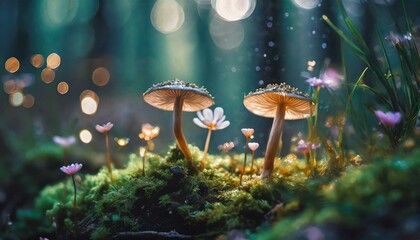 Fototapeta premium Enchanted Forest Scene with Mushrooms and Tiny Flowers