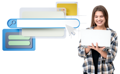 Smiling woman holding a laptop, accompanied by search bar and web elements, isolated on white background. Concept of internet and web browsing