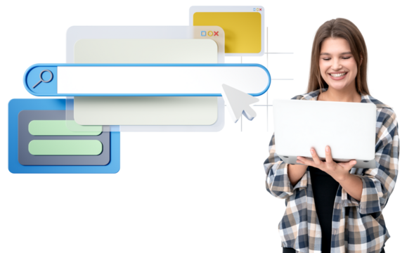 Smiling woman holding a laptop, accompanied by search bar and web elements, isolated on white background. Concept of internet and web browsing - Powered by Adobe