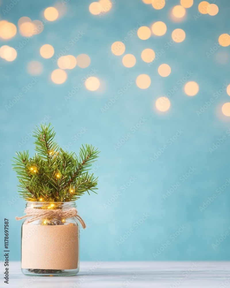 Poster miniature christmas tree in jar with golden bokeh and fairy lights