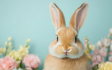 Fototapeta premium close up of bunny with its nose twitching, surrounded by pastel flowers and soft blue background