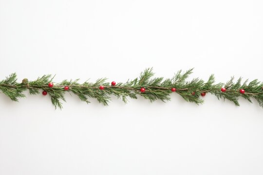 Minimalist Holiday Garland with Green Fir, Red Berries, and Festive Ornaments on White Background