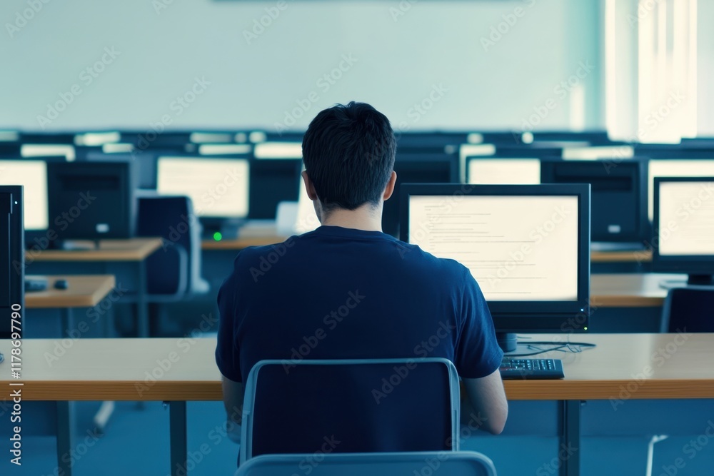 Poster student focuses on computer tasks in empty classroom during study session
