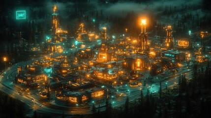 A vibrant, futuristic cityscape illuminated at night with neon lights and dense forests.