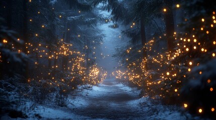 Naklejka premium Enchanted Winter Forest Path with Festive String Lights