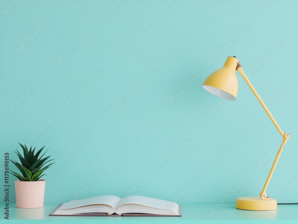 Poster tranquil study setup open book with pastel lamp on minimalist desk