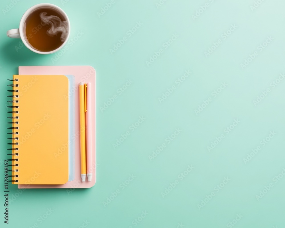 Poster flat lay of pastel academic tools with tea and notebooks on a serene mint background