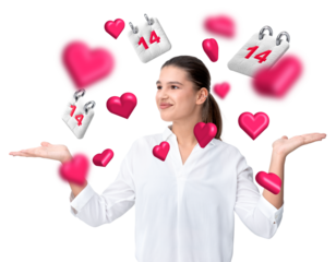 Smiling woman in white shirt surrounded by pink heart icons and calendar symbols marked 14, isolated on white background, concept of Valentine's Day